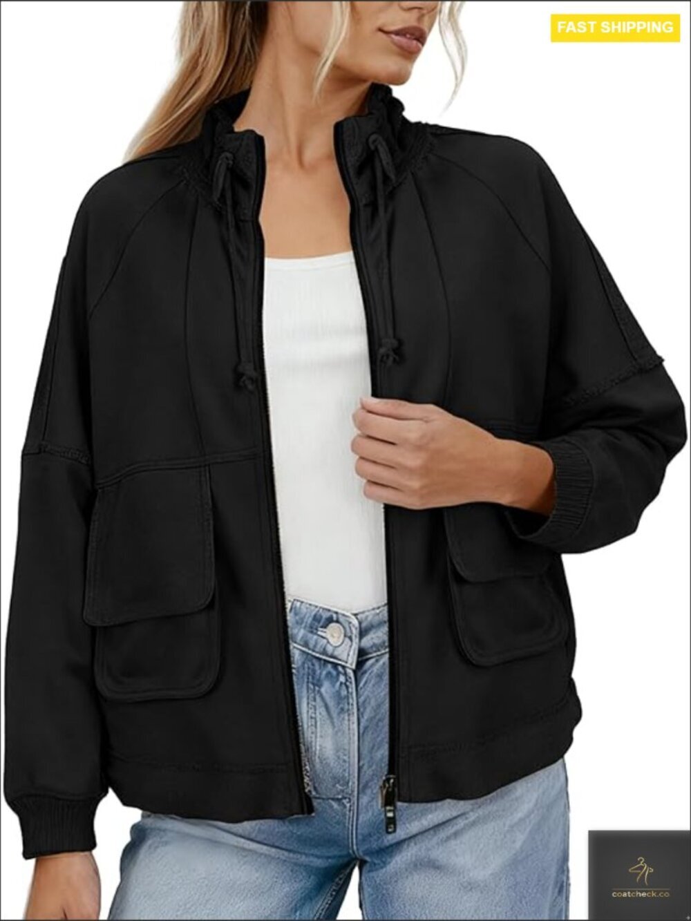 Casual Jacket Zipper Front Stand Collar Cotton Blend Streetwear with Pockets